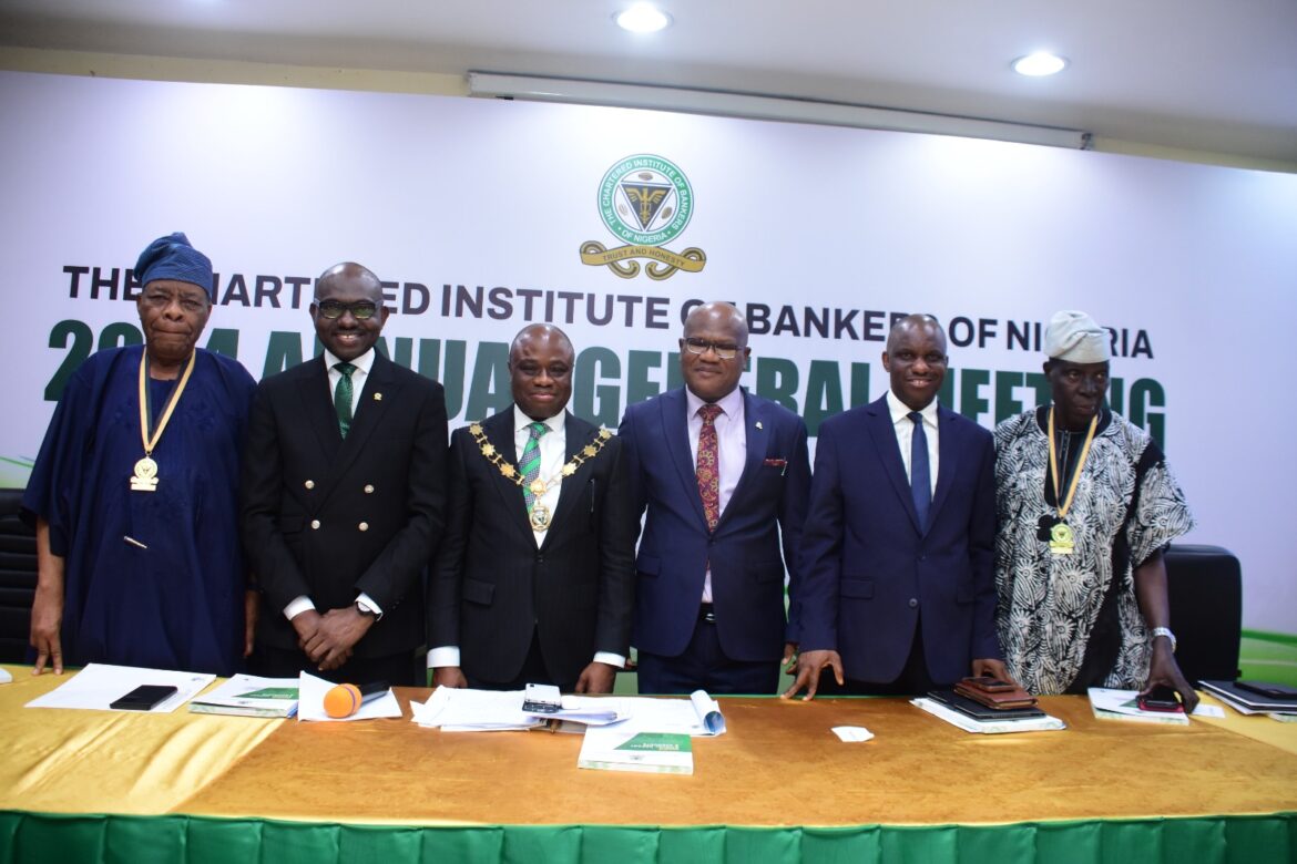 Mr. Ralph Osayameh, FCIB, Past President CIBN, Mr. Akin Morakinyo, HCIB, Registrar Chief Executive, Dr. Ken Opara, FCIB, President Chairman of Council,CIBN, Prof. Pius Deji Olanrewaju, FCIB, President Elect, CIBN, Mr. Dele Alabi, FCIB, 1st Vice President Elect, CIBN, Mr. Femi Ekundayo, FCIB, Past President CIBN at the 2024 Annual General Meeting of the Institute held on Saturday April 6, 2024.